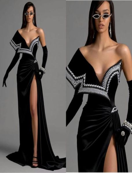 

black velvet evening gowns sweep train off the shoulder mermaid prom dresses high slit pearls vestidos formal celebrity gowns8713487, Black;red