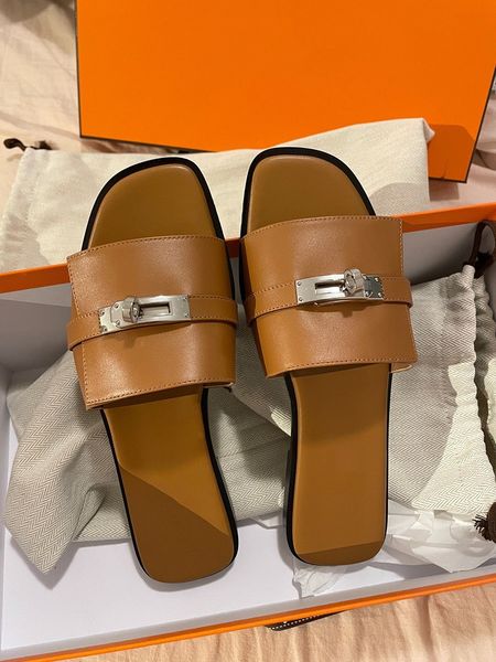 

designer lady's slippers black middle heel sandal buckle beach genuine thick heel leather large size flip-flops size 35-40