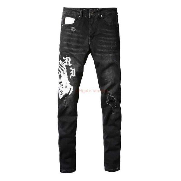 

designer clothing amires jeans denim pants amies fashion high street embroidery pattern broken hole wash elastic slim fit slp black, Blue