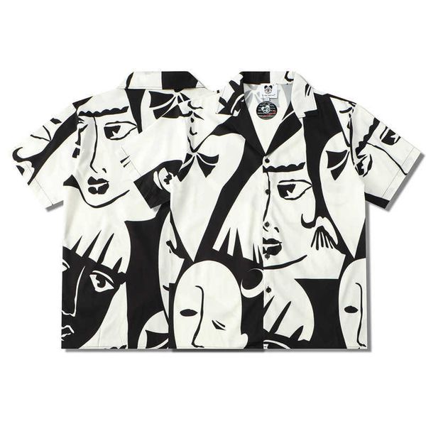 

new men's street youth lovers fashion brand mask digital printing loose lapel short sleeve shirt summer, Gray