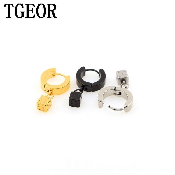 

huggie wholesale 30pcs surgical stainless steel titanium plated colors small hoop dangle dice backing earring ing, Golden;silver