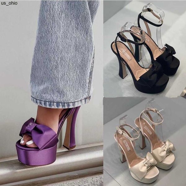 

sandals bowtie buckle sandals for womens designer satin transparent pvc platform heel shoes 14cm high heeled ladies wedding party roman sand, Black