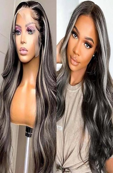 

2432 inch grey long highlight human hair wig ombre transparent hd lace front wig 13x4 curly hair women039s natural hairline fa1165967, Black