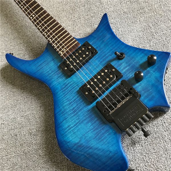 

blue headless electric guitar, super sound, no running tone ing