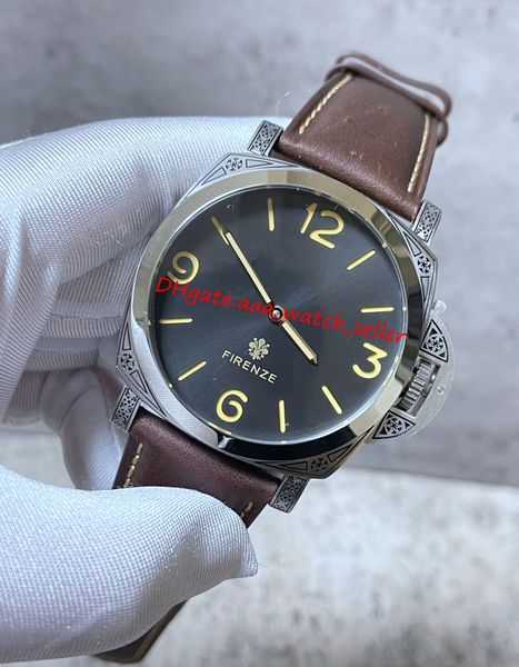 

mens watches 47mm hand-carved case mechanical automatic movement leather strap transparent back cover luminous sapphire sport men's wri, Slivery;brown