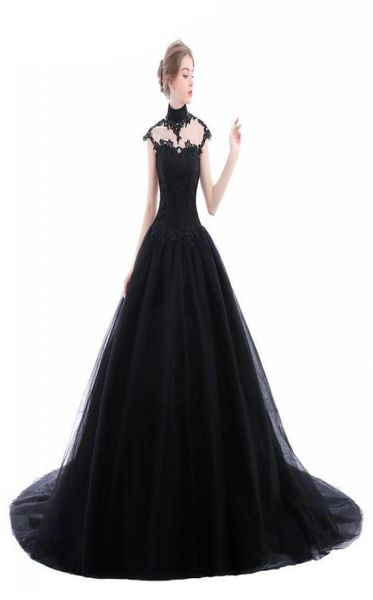 

2019 ball gown black gothic wedding dresses high neck lace tulle corset laceup back women non white bridal gowns with color custo4310702