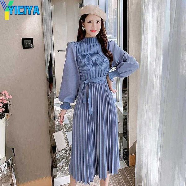

yiciya casual dresses elegant knitted patchwork sweater dress women half turtleneck autumn 2023 vintage a-line corduroy vestidos with belt, Black;gray