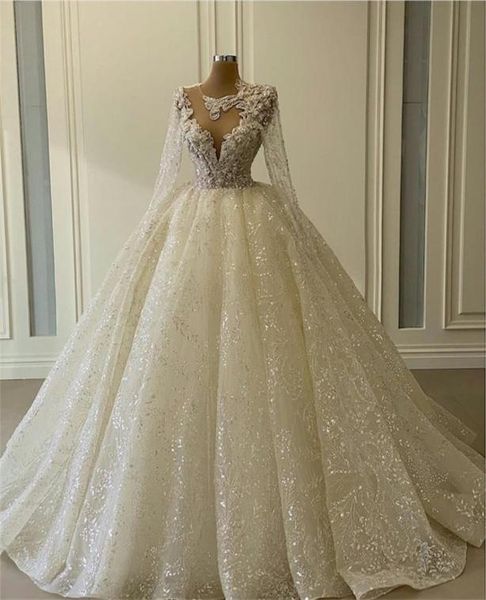 

glitter ball gown wedding dresses long sleeves sheer neck appliqued sequins beads bridal gowns luxury dubai custom made vestidos d8634367, White
