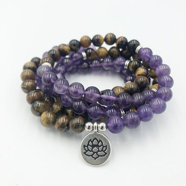 

bangle 108 mala bead bracelet buddhist jewelry tiger eye amethysts beaded meditation bracelet lotus flower om bracelet women men gift, Black