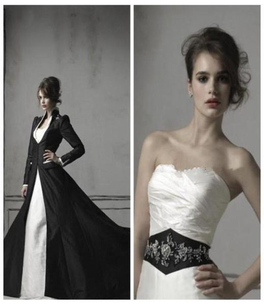 

2019 high collar gothic jacket wedding dresses wedding gown beads lace appliques mermaid sweetheart black waist band bridal gowns3602695, White