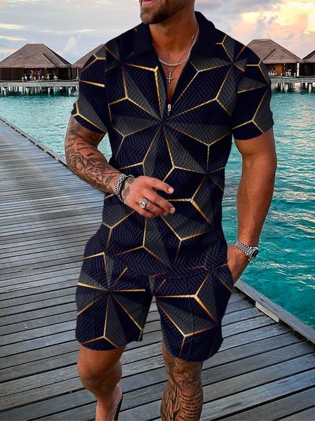 

men s tracksuits polo suit summer fashion men sets printed short sleeve zipper shirt shorts set for casual streetwear 2 piece 230522, Gray