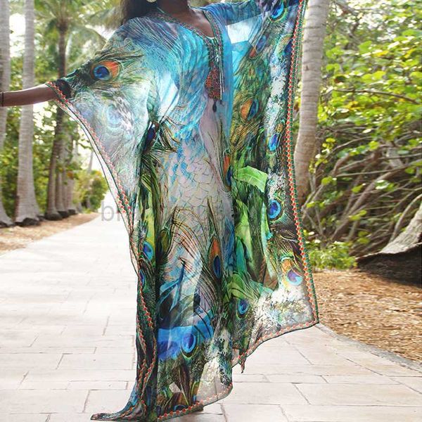

women's swimwear superaen new chiffon peacock feather print loose dress beach sun-proof clothing swimsuit women outdoor shirt dress j23, White;black