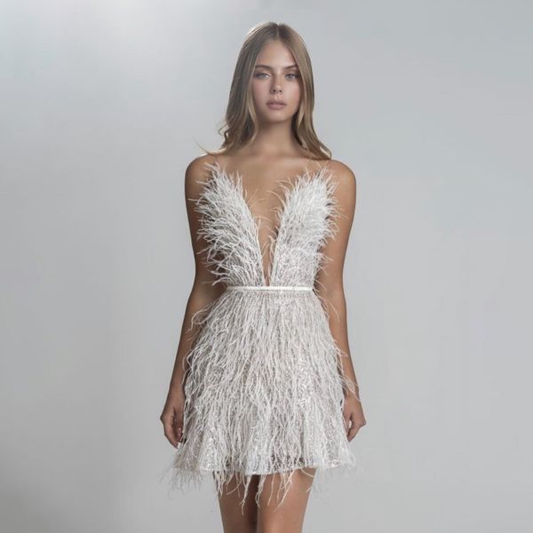

autumn and winter new european and american women's fantastic feather dress, open back party dress, waist tight chest, deep v feather s, Gray