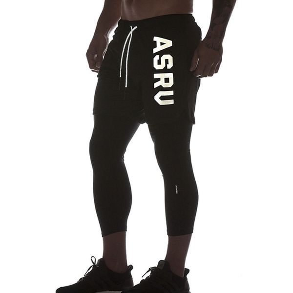 

men's pants men's sports pants europe and the united states tide brand reflective fake two quick dry stretch basketball pants runn, Black