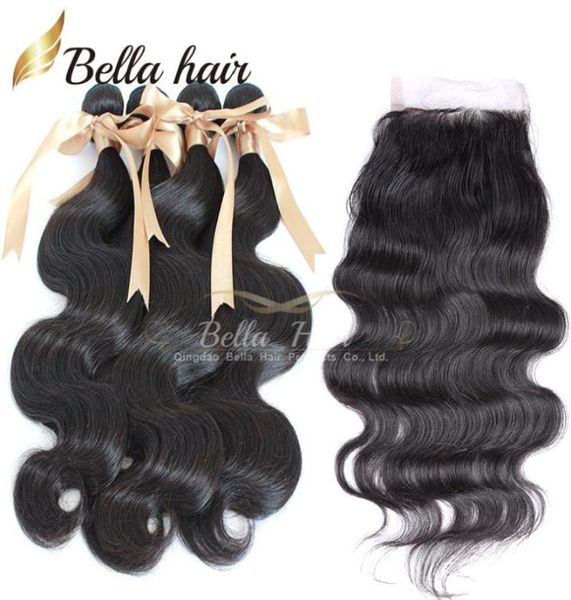 

bellahair indian virgin human hair weave body wave closure with bundle hair extensions double weft 4pcs add 1pc 4x4 lace closu8896684, Black