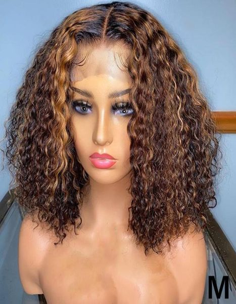 

180density 13x4 short human hair bob curly wigs for women ombre 30 highlight blonde lace front human hair wigs preplucked9345408, Black;brown
