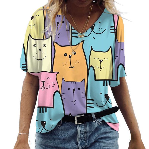 

T Shirt Brand Summer Fashion V-Neck Women's Women T-shirts Cute Cats Graphics Printed Short Sleeve Tops Kawaii Casual Tees Streetwear Female Clothes, Vltxhl-221017-68