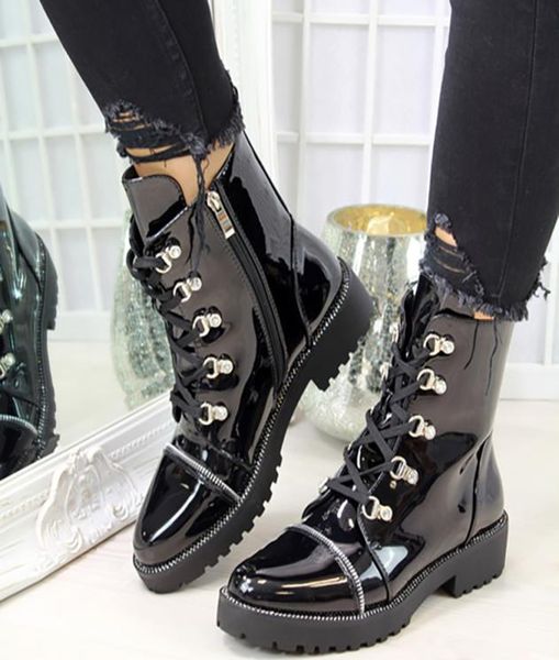 

women motorcycle boots autumn fashion patent pu round toe laceup combat shoes women shoes ladies snow office boots drop 21517648, Black