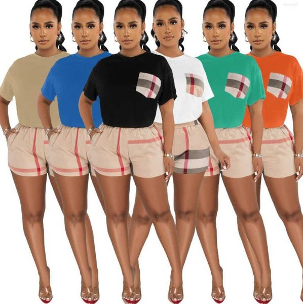 

2023 women's tracksuits fashion t-shirts 2 piece pants sets summer clothing for women streetwear plaid print casual outfits two set sho, Gray