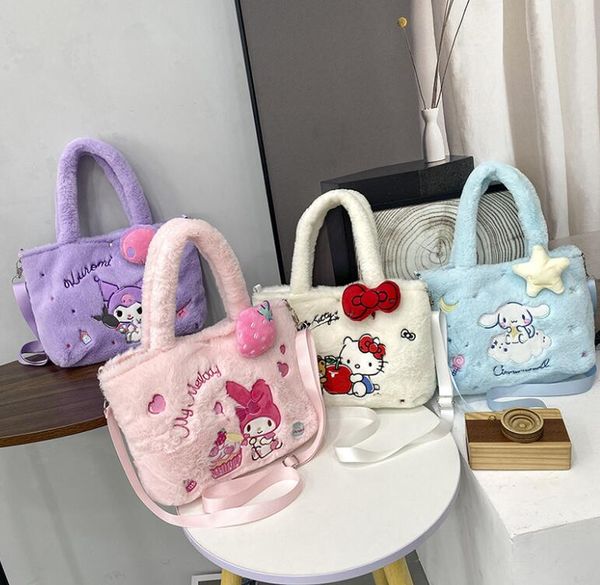 

ins fluffy cinnamoroll kuromi plush handbag girl cute soft kitty cat accessories messenger bag girls birthday gift 4 colors, Black