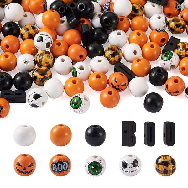 

crystal 116pcs halloween large hole wooden beads green eye pumpkin round natural wood beads diy jewelry crafts holiday decoration