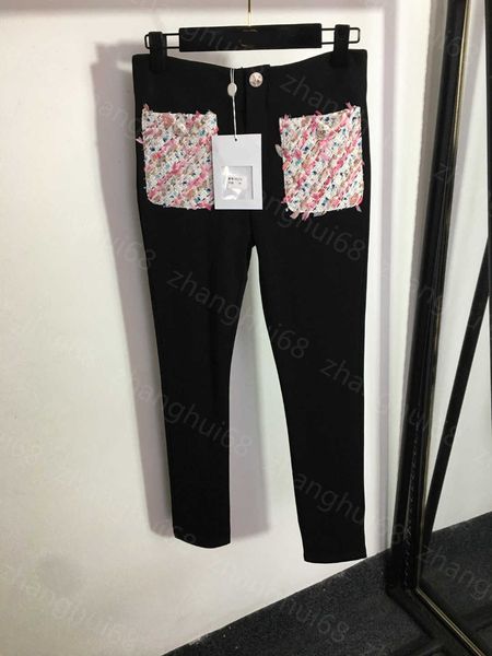 

23ss womens designer clothing womens pants cherry blossom pink tweed pocket slim leggings boot pants women clothing, Black;white
