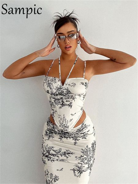 

two piece dress sampic women skirt suit halter y2k print corset crop and wrap high waist midi set summer outfits 230522, White