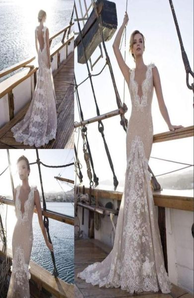 

charming mermaid lace wedding dresses 3d appliques deep vneck sequined bridal gowns sweep train tulle trumpet backless wedding dr1990539, White