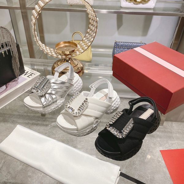 

2023 summer roger women's beach sandal slides viv strass buckle sandals in fabric mules bling crystal diamond rhinestone summer shoes s, Black