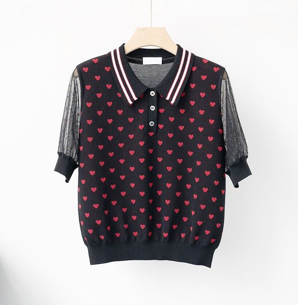 

women's knits & tees luxury designer red heart jacquard mesh sleeve knit, White