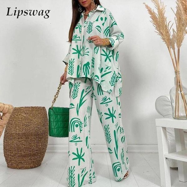 

women s two piece pants spring lapel long sleeve shirt and wide leg suits casual graphic print loose set women irregular shirts outfits 2305, White