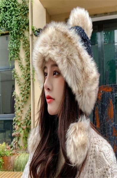 

beanieskull caps fashion knitted fur hat russian winter women cap with two pompoms hats warm fluffy stylish female tail beanie7550535, Blue;gray