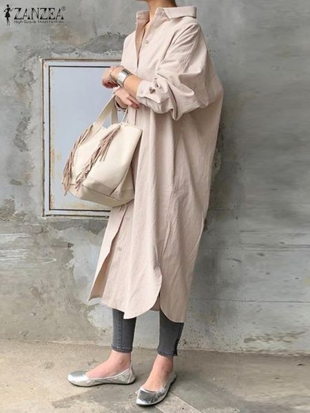 

basic casual dresses zanzea women autumn sundress elegant long shirt dress lapel neck sleeve solid vestido loose work robe femme 230522, Black;gray