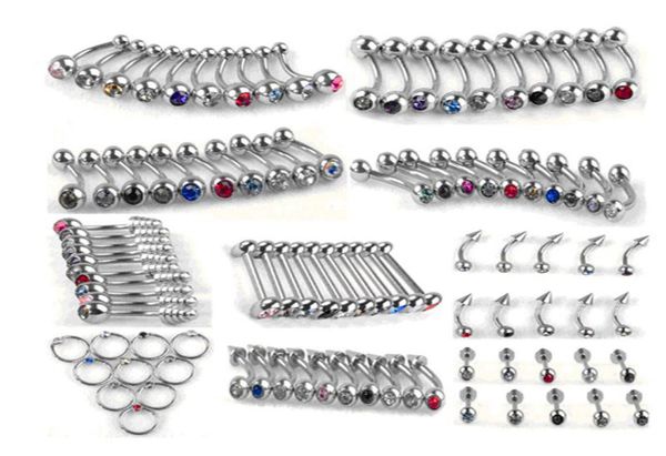 

100pcs set punk stainless steel crystal tongue belly lip eyebrow nose barbell rings body piercing jewelry 10 styles accessories2260651, Silver