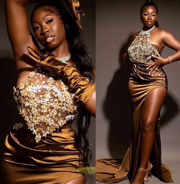 

2023 amvca aso ebi mermaid crystals prom dress beaded satin evening formal party second reception birthday engagement gowns dress robe de so, Black