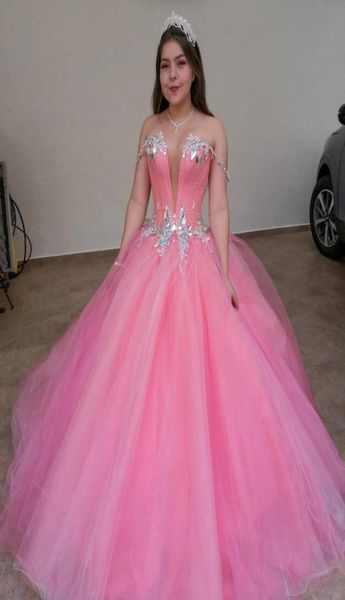 

pink 2021 msquerade ball gown quinceanera dresses ss with off the shoulder tulle prom sweet 16 dress birthday party attire6091601, Blue;red