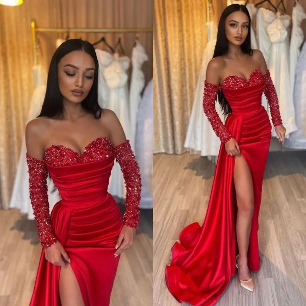 

dubai arabic red mermaid prom dresses for women sweetheart beaded long sleeve backless high side split draped formal evening pageant celebri, Black
