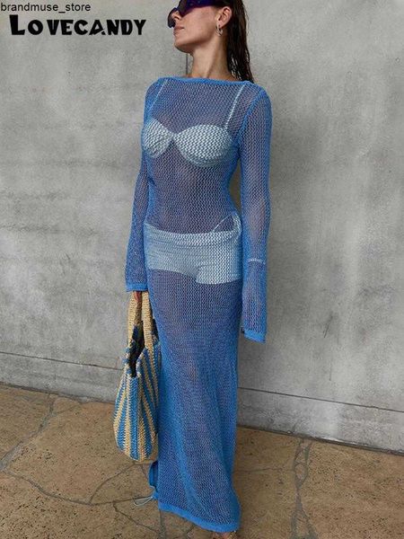 

casual dresses summer see through hollow knitted cover ups women full sleeve backless slim maxi dresses lady beach vacation sunscreen dress, Black;gray