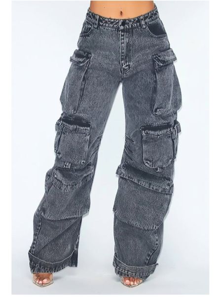 

women's jeans solid color multi pocket loose fitting jeans for women's street retro hip-hop wide leg pants casual straight high wa, Blue