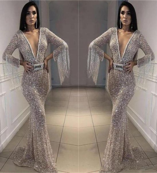 

sparkly silver prom dresses bling bling sequined mermaid evening gowns deep v neck long sleeves with tassel arabic formal party dr9652766, Black