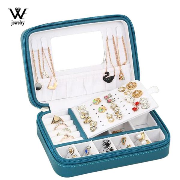 

boxes we portable pu leather zipper jewelry box with mirror travel jewelry organizer multifunction necklace earring ring storage box, Black;white