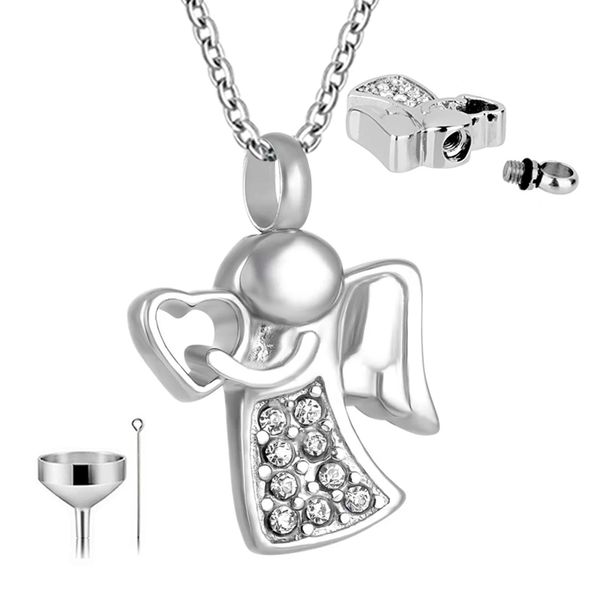 

crystal angel girl ash holder cremation heart stainless steel urn necklace keepsake angel pendant memorial cremation urn ashes, Silver