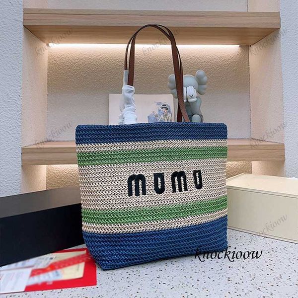 

summer limited beach bag new straw bag blue apricot color with leather shoulder strap woman large capacity shoulder bag handbag 230522
