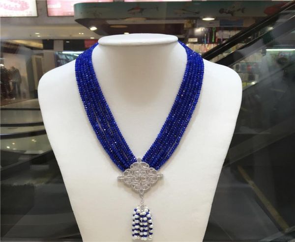 

hand knotted natural 2x4mm blue stone multilayer white freshwater pearl zircon micro inlay accessories tassel necklace long 4550c4566620, Silver