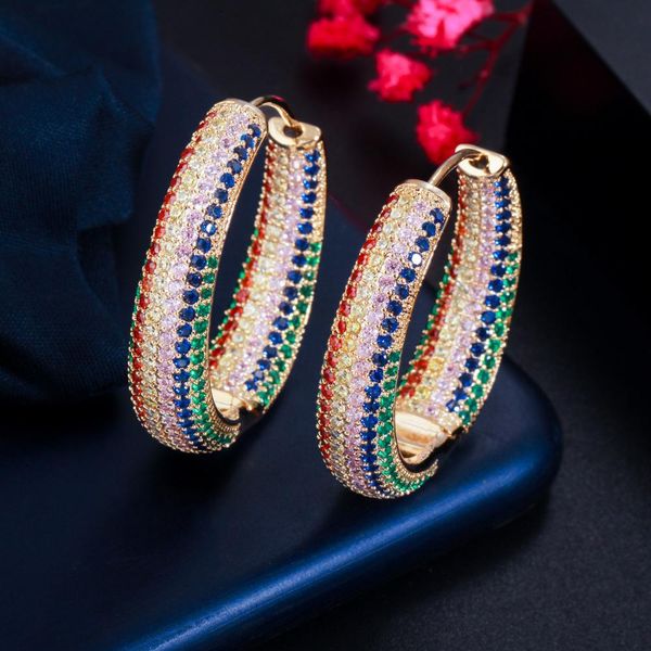 

huggie trendy two tones rainbow cubic zirconia circle round hoop earrings for women luxury jewelry statement hip hop pendientes mujer, Golden;silver