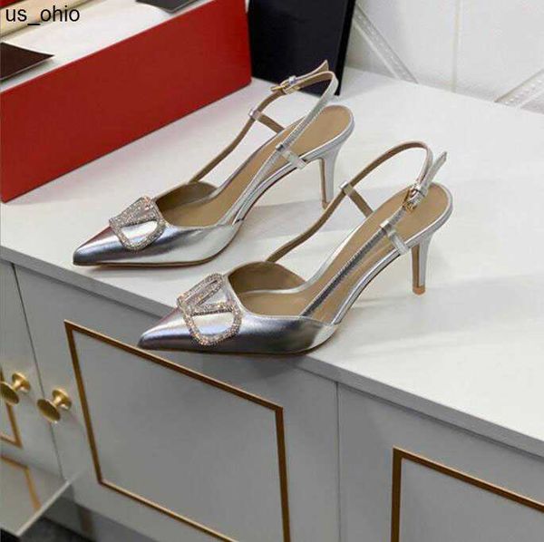 

sandals designer women sandals high heel shoes genuine leather metal v buckle 2023 summer new pointed toe thin heels 6cm 8cm 10cm single sho, Black