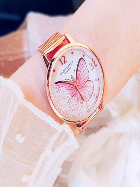 

women watch brand naidu fashion butterfly steel meshband dress quartz wristwatch reloj mujer women feminino relogio montre saati8630030, Slivery;golden