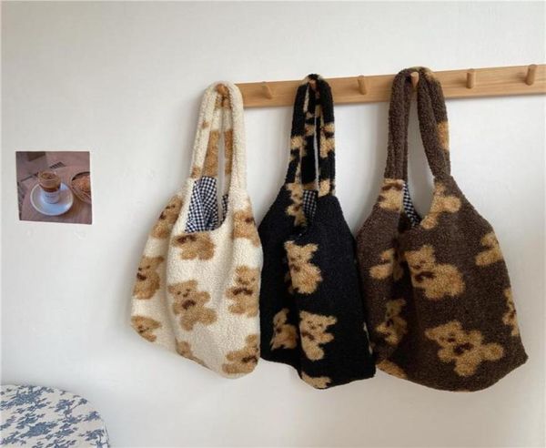 

evening bags shopper bag women fluffy lamb like fabric canvas shoulder fur bear tote handbags large capacity soft cute gift girlse4859685