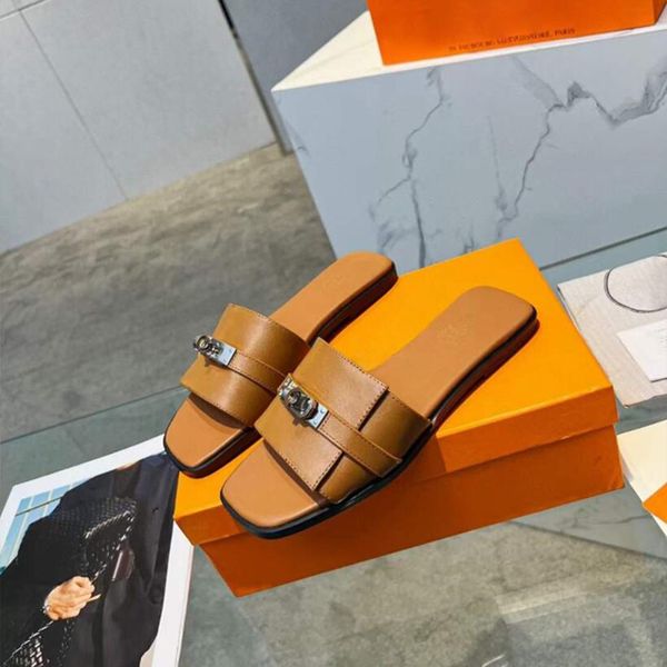 

fashion women summer giulia slippers sandals kelly metal button flats sliders italy simple brown black white calfskin slides designer banque