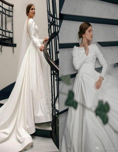 

elegant dubai said mhamad plus size a line wedding gowns batrau neck pleats long sleeves court train draped ruched bridal dresses 7964781, White